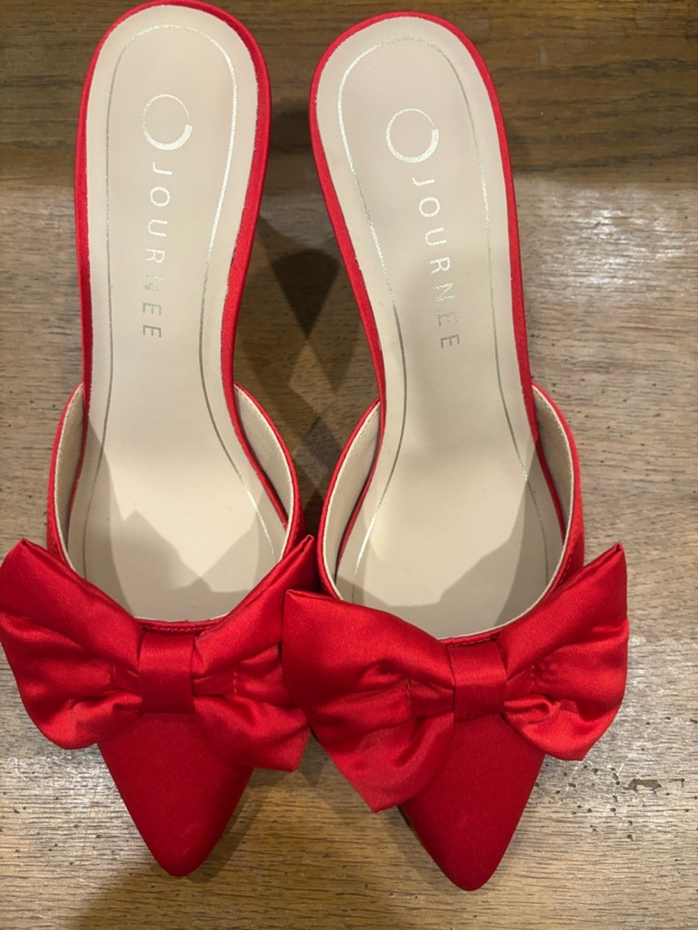 Journee Collection Red Satin Bow Pointed-Toe Slide Heels